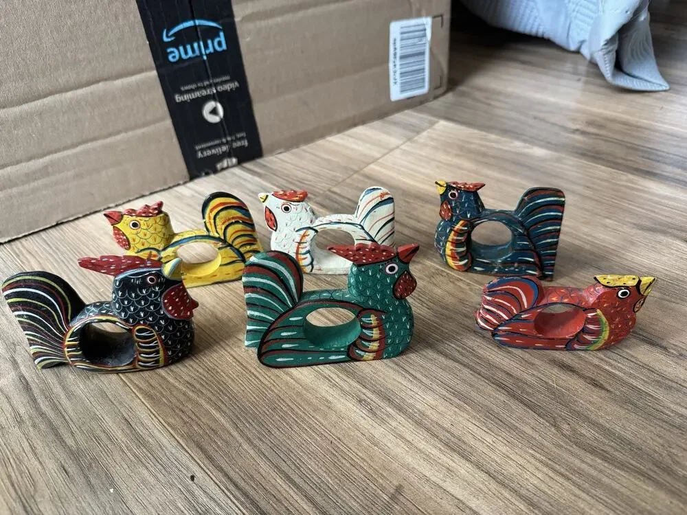 Wooden Chicken Rooster Folk Art Napkin Ring Set of 6 Painted